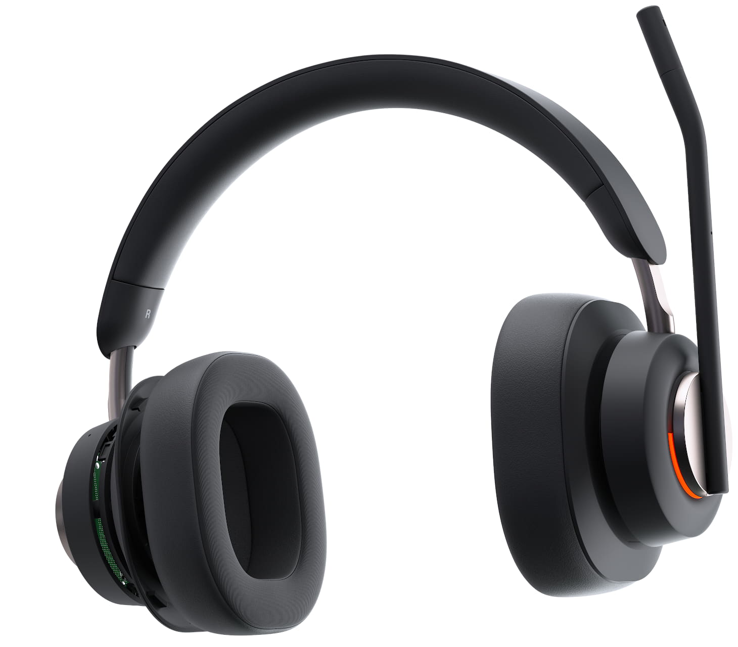 Close up front view of Kensington H3000 Bluetooth Over-Ear Headset with busy light illuminated, mic in flip-to-mute position and right ear cup expanding to show technology