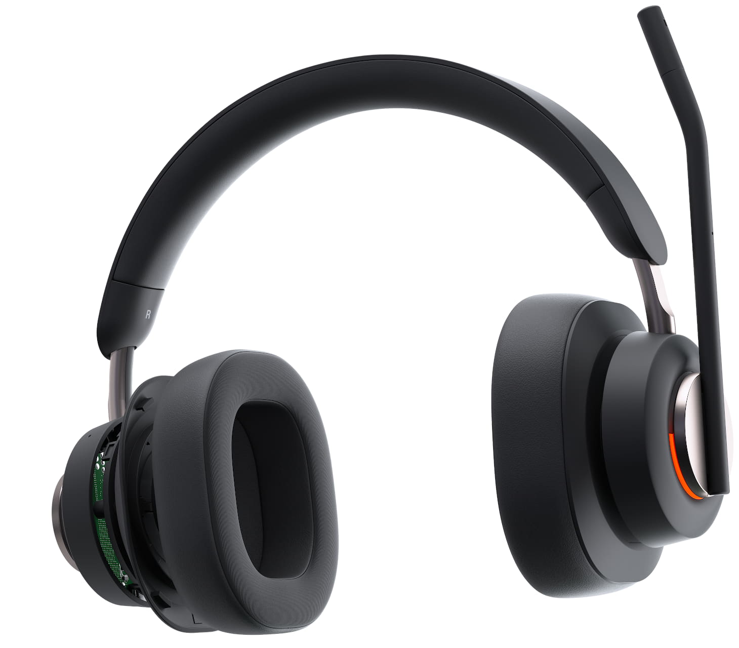 Close up front view of Kensington H3000 Bluetooth Over-Ear Headset with busy light illuminated, mic in flip-to-mute position and right ear cup expanding to show technology
