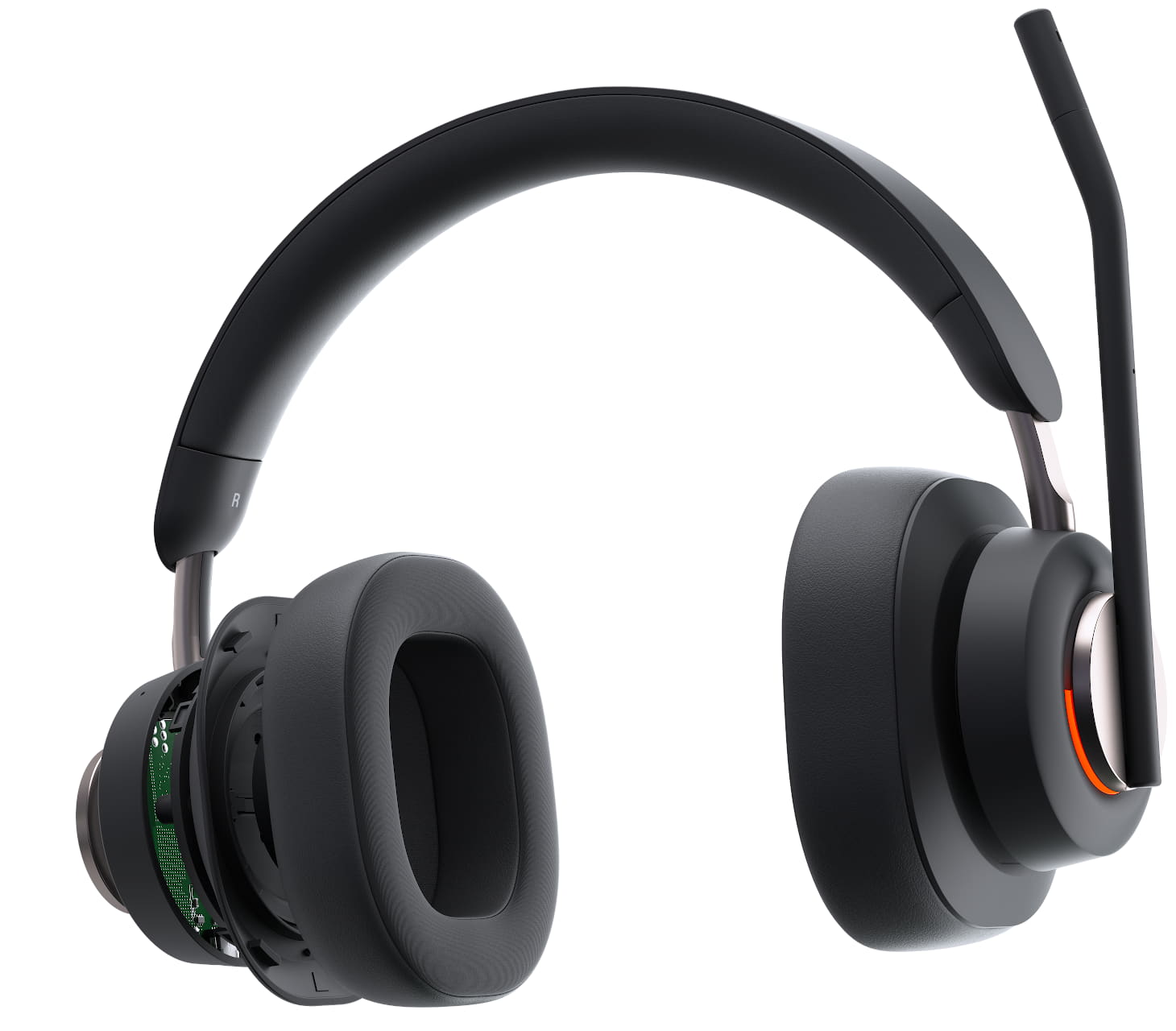 Close up front view of Kensington H3000 Bluetooth Over-Ear Headset with busy light illuminated, mic in flip-to-mute position and right ear cup expanding to show technology