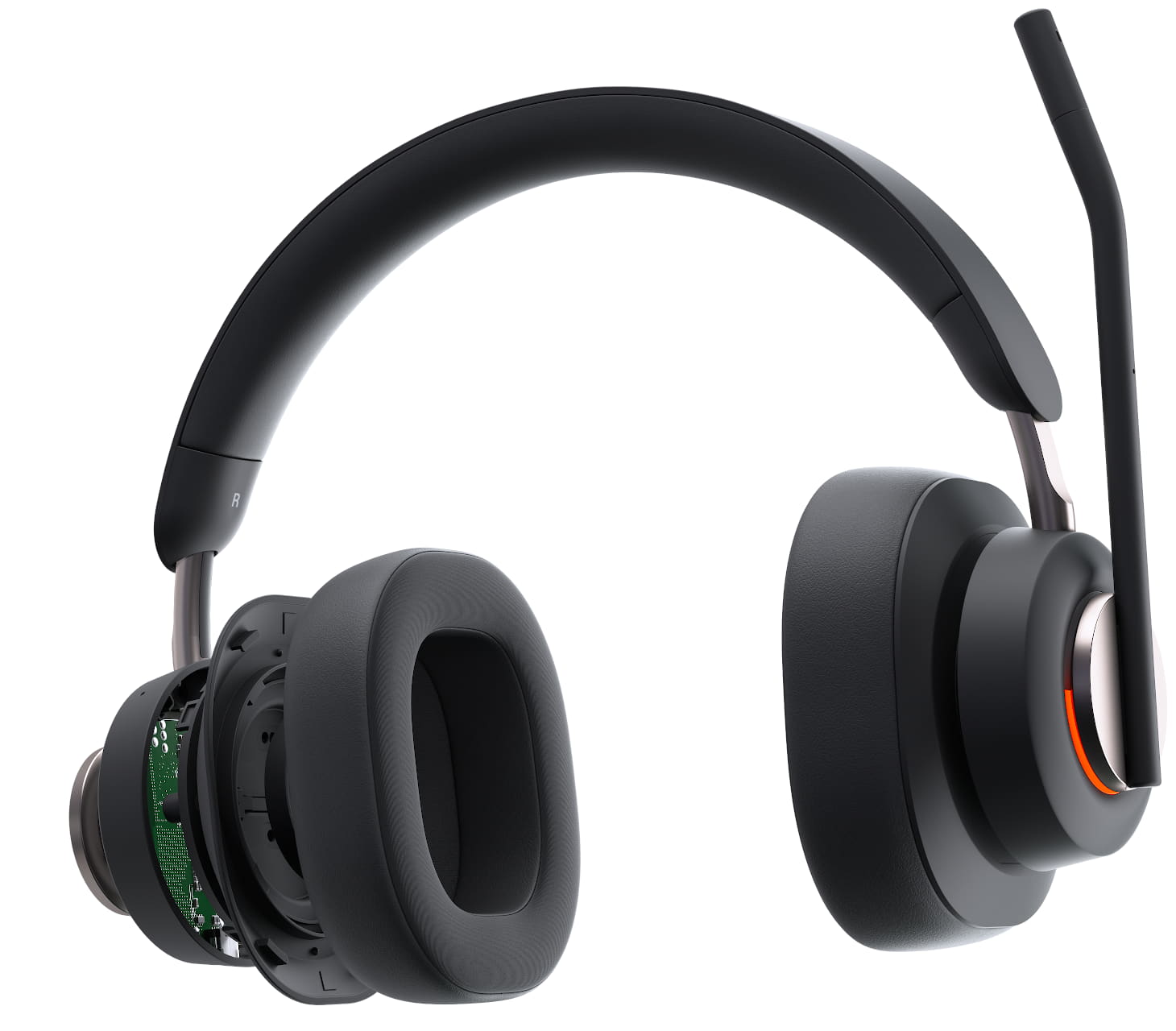 Close up front view of Kensington H3000 Bluetooth Over-Ear Headset with busy light illuminated, mic in flip-to-mute position and right ear cup expanding to show technology