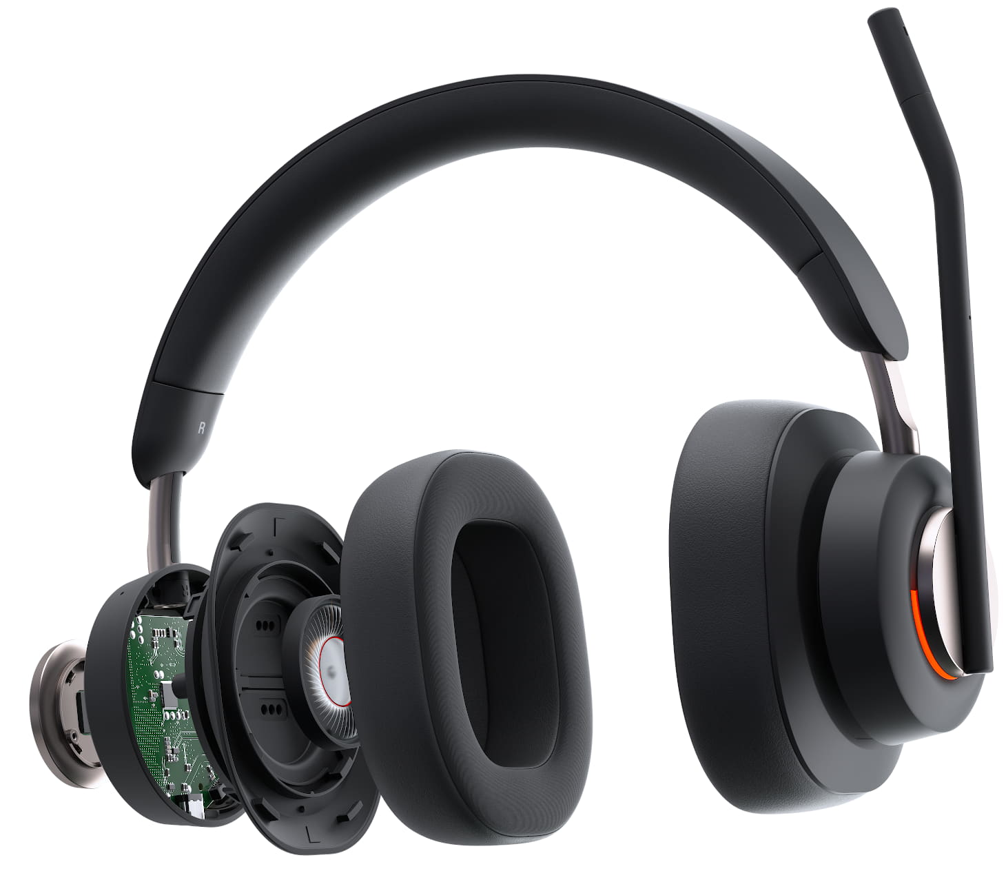 Närbild framifrån på Kensington H3000 Bluetooth Over-ear-headset med upptagetlampan tänd och mikrofonen i vänd för mute-position och höger öronkåpa expanderas för att visa tekniken