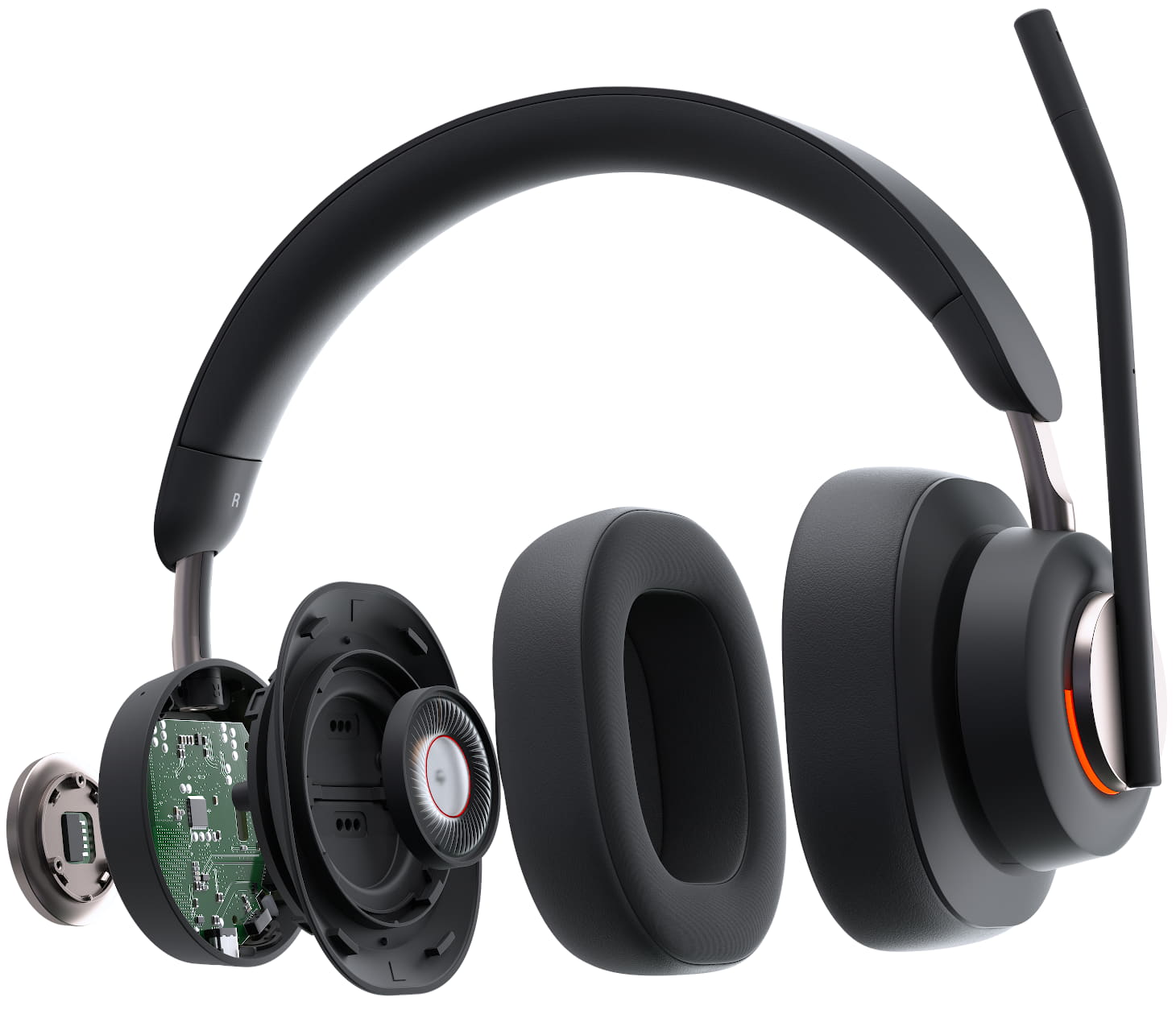 Full exploded view of Kensington H3000 Bluetooth Over-Ear Headset showing  AI-powered environmental noise-cancelling technology, passive noise-cancellation technology,and 40mm neodymium drivers
                                    