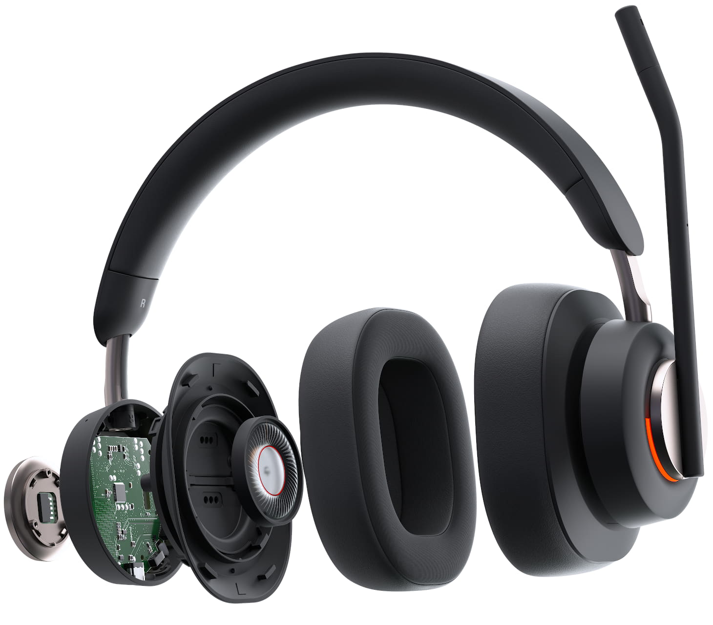 Vue éclatée du micro-casque Bluetooth circum-aural H3000 de Kensington montrant la technologie de suppression du bruit ambiant (ENC) basée sur l’IA, la technologie de suppression passive du bruit (PNC) et les haut-parleurs de 40 mm en néodyme
                                    