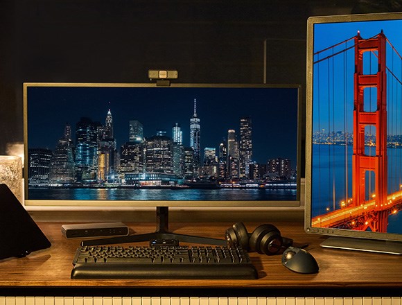 Desk setup with silent mechanical keyboard, trackball, Kensington docking station with ultra wide screen.
