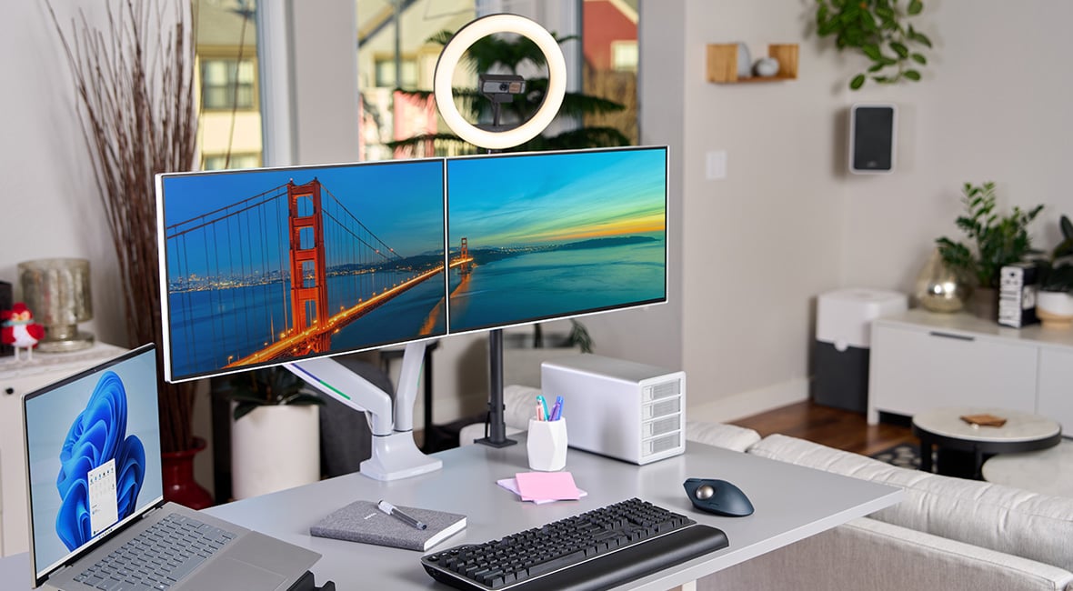 Desk setup with Kensington computer accessories