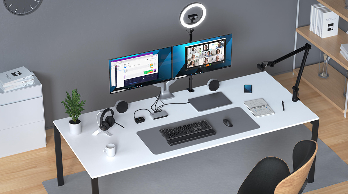 Desk setup with Kensington video conferencing accessories