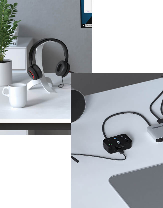 Kensington H2000 Headset and Audio Switch on desk