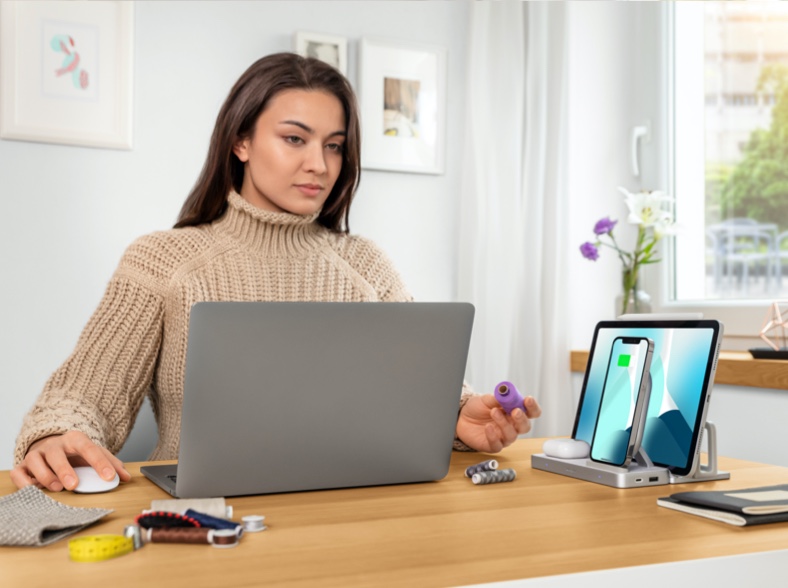 woman working in home office with StudioCaddy
