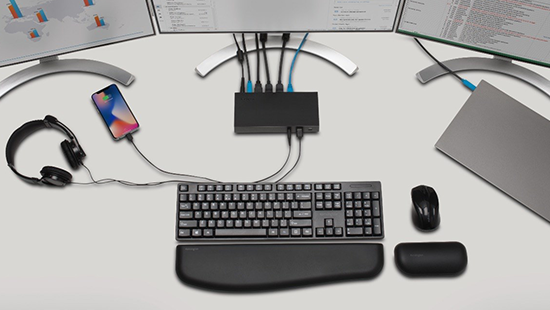 Overhead view of docking station on desk