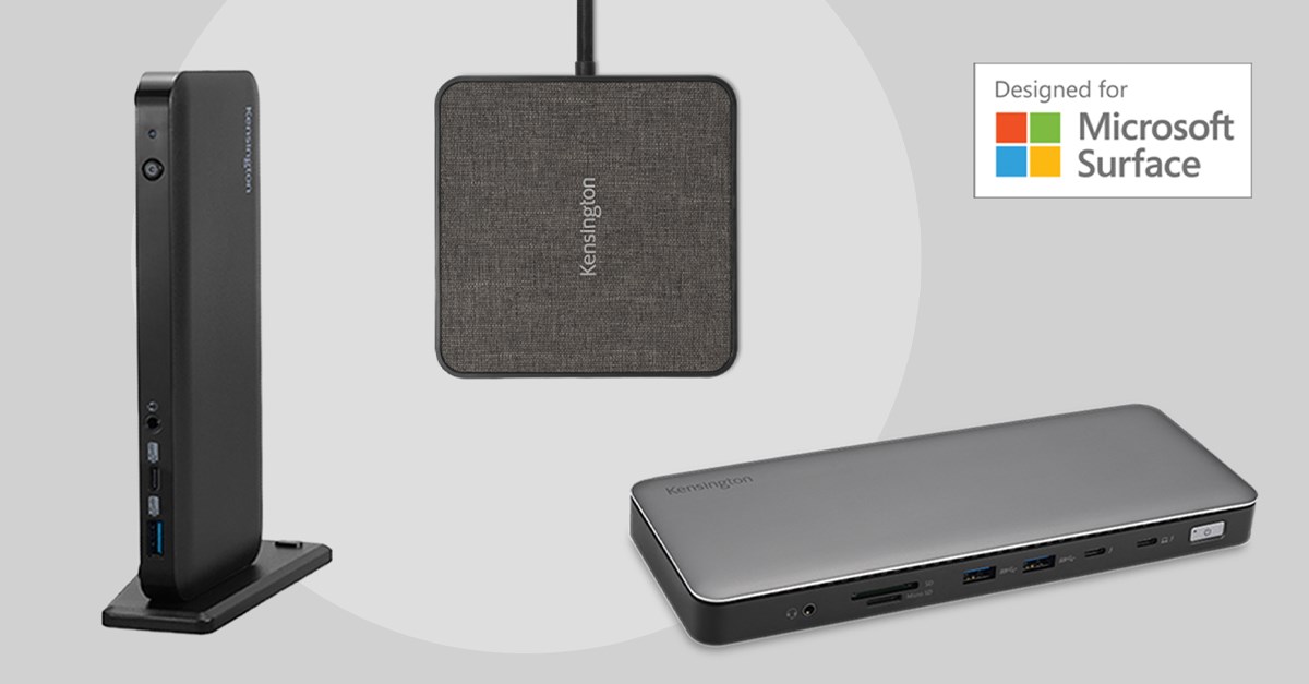 Three High-Performance Docking Stations for Surface Devices on gray background.
