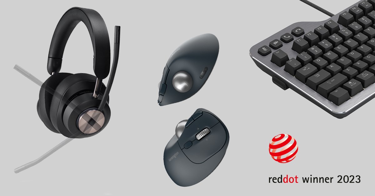 Kensington H3000 wireless headset, Mechanical Keyboard, and trackball showcased on a stylish grey background.