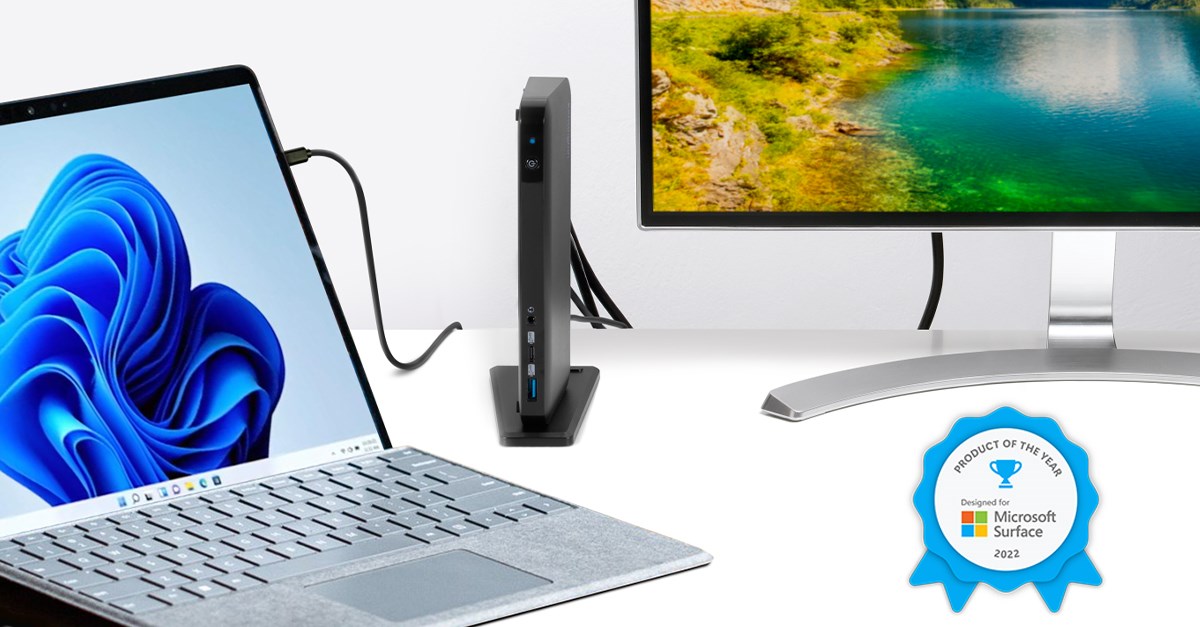 SD4845P USB C Docking Station (DfS) on a desk connected to a monitor