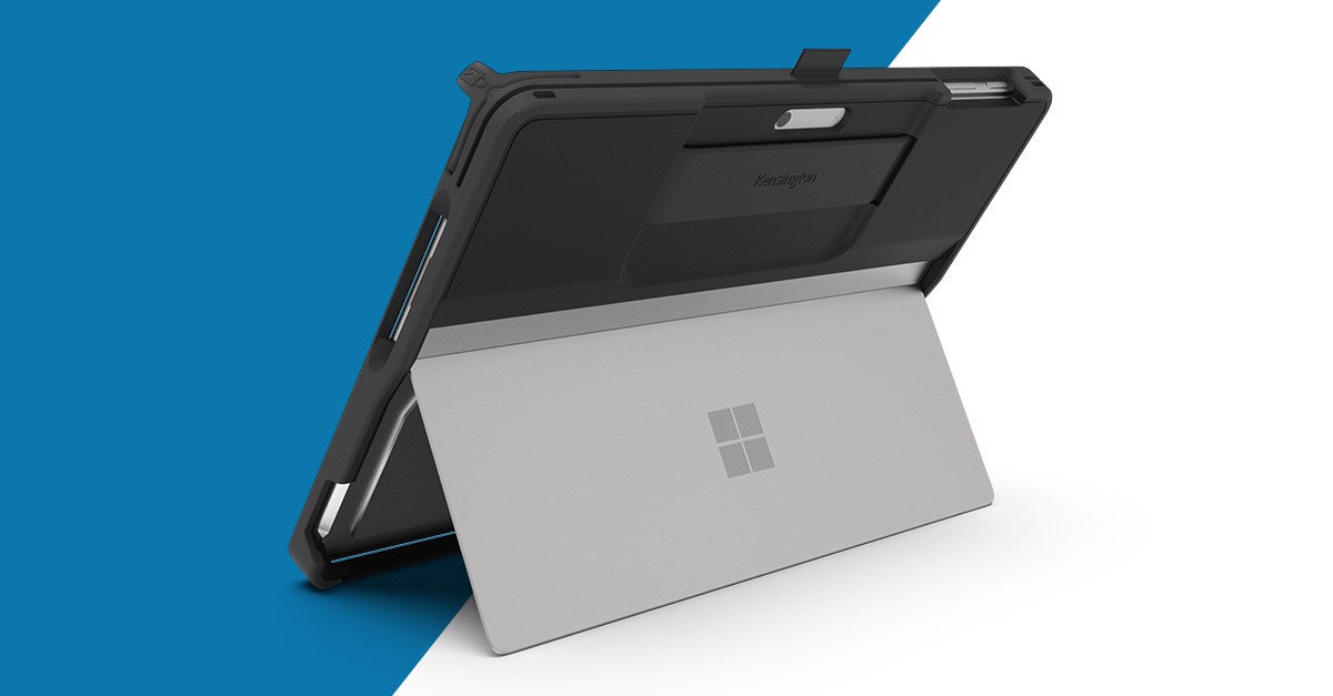 Kensington Rugged Case on a Surface Pro on a white and blue background