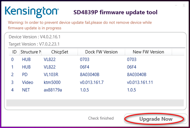 Screenshot van de firmware met de knop “Upgrade Now” [Nu upgraden].