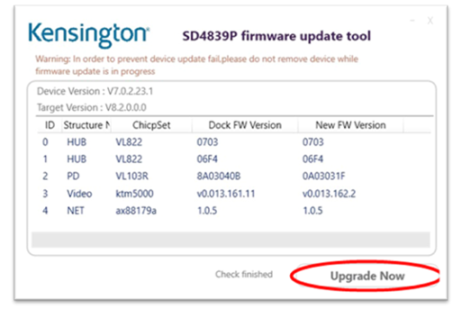 Firmware-skærmbillede med knappen Upgrade now [Opgrader nu].