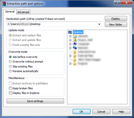 Extraction path and options example.