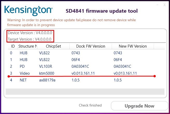 Captura de pantalla del firmware donde se muestra que la versión del docking station coincide con la nueva versión del firmware.