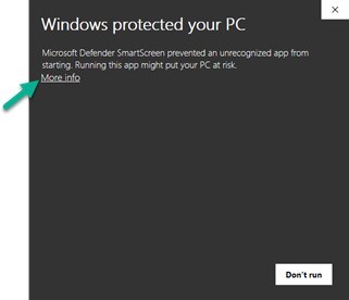 Windows protected your PC message.
