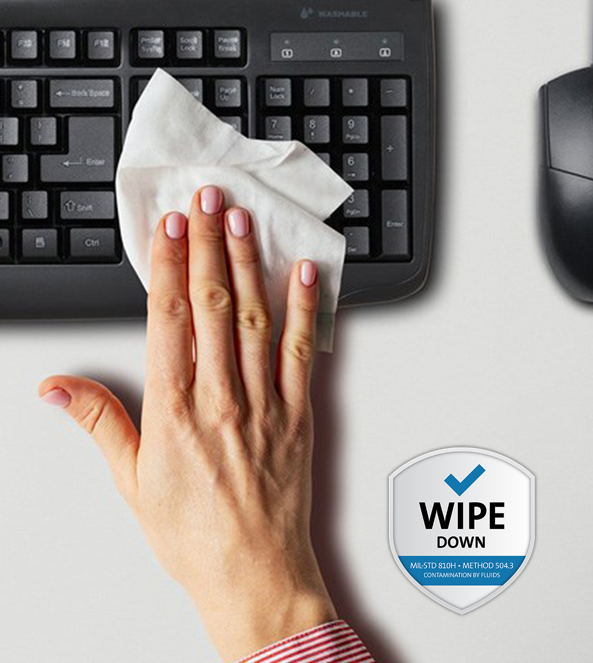 Woman wiping a kensington keyboard with a wet towel and wipe tested approved badge