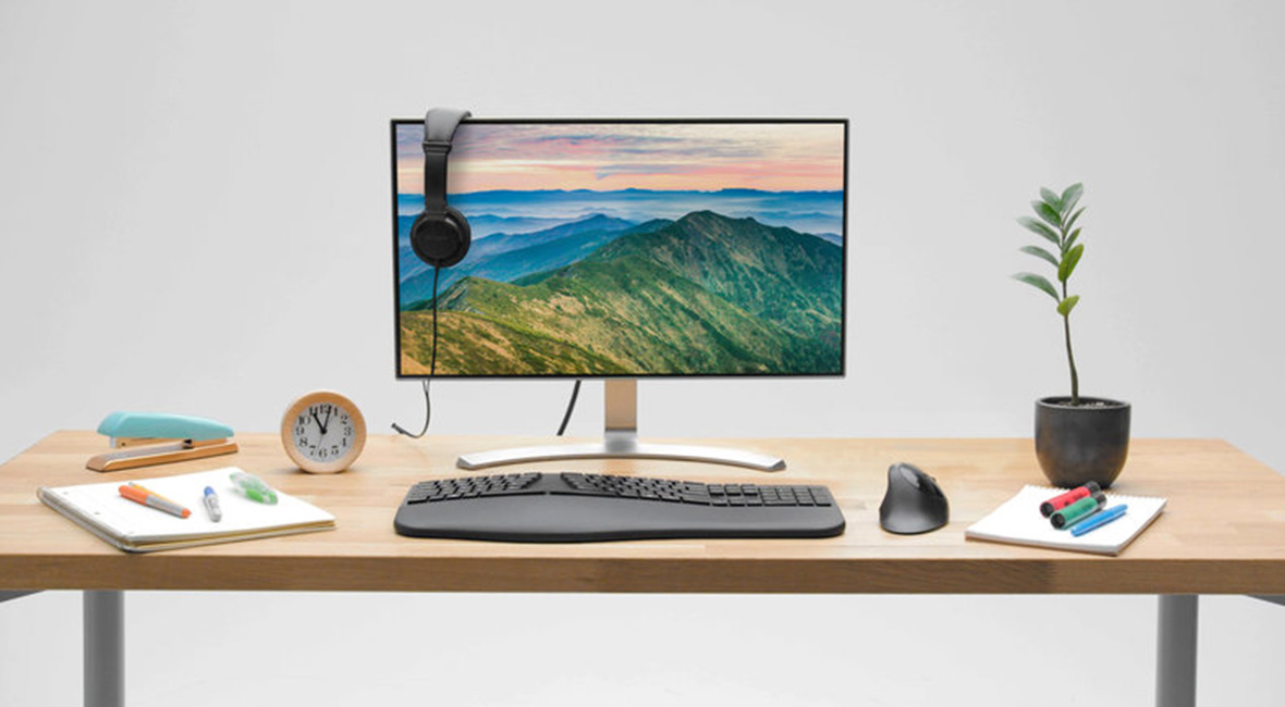 Ergonomic keyboard with vertical mouse and monitor with headset