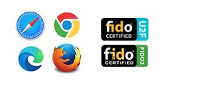 Windows hello fido, chrome, firefox, safari and, edge icons.
