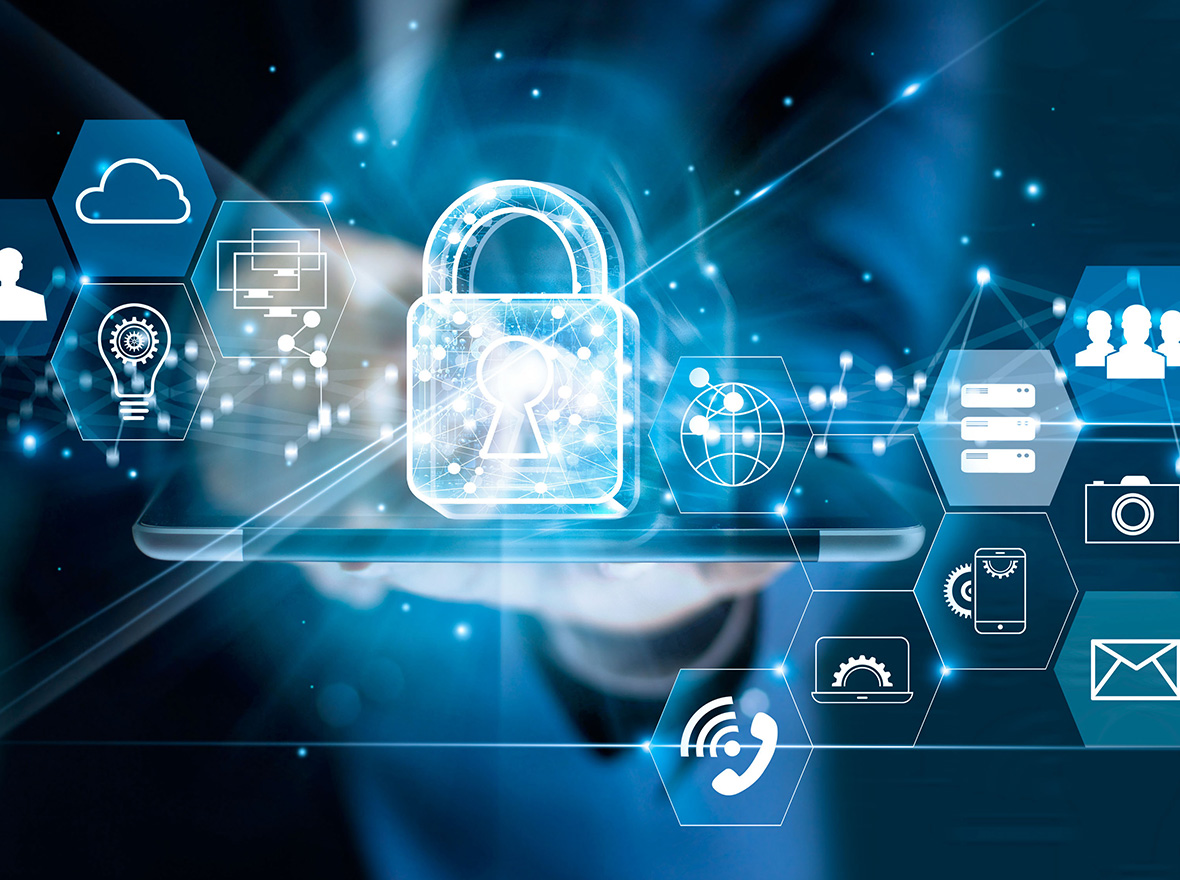 Lock icons and biometric data floating around a computer.