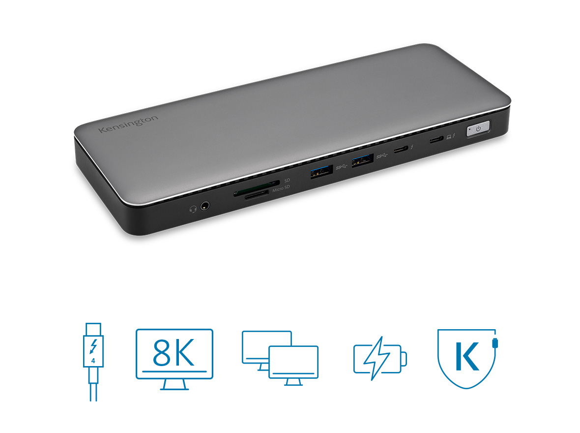 Thunderbolt 4 y sus insignias: cable USB-C, 8K único, pantallas dobles, alimentación y software DockWorks™.