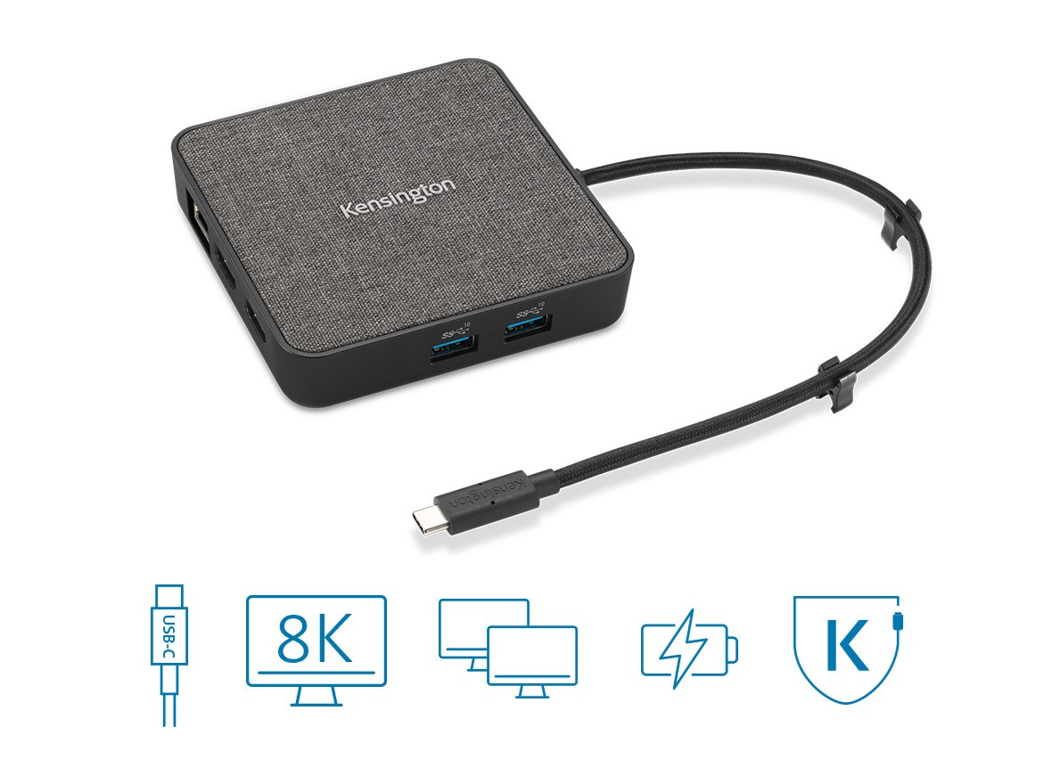 USB4® 扩展坞及其徽章：USB-C 线缆、单路 8K、双显示器、电源和 DockWorks™ 软件。
