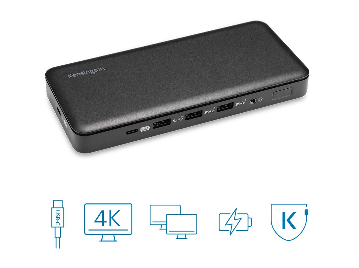 USB 3.2 Gen 2 扩展坞及其徽章：USB-C 线缆、单路 4K、双显示器、电源和 DockWorks™ 软件。