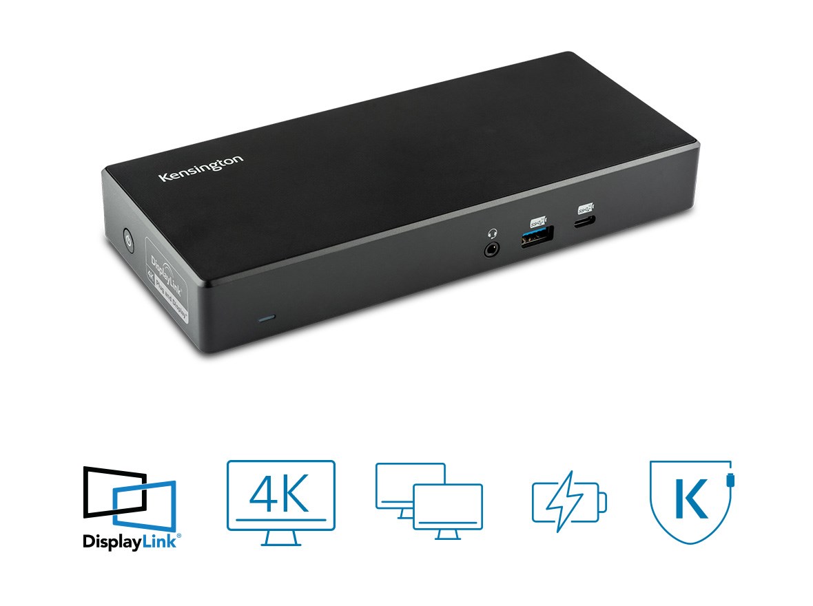 DisplayLinkドッキングステーションとバッジ：DisplayLinkのロゴ、シングル4K、デュアルディスプレイ、電源、DockWorks™ ソフトウェア