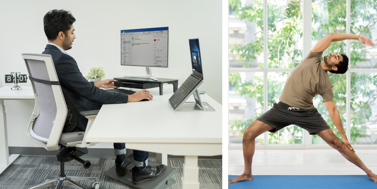 Man working at desk and man doing yoga