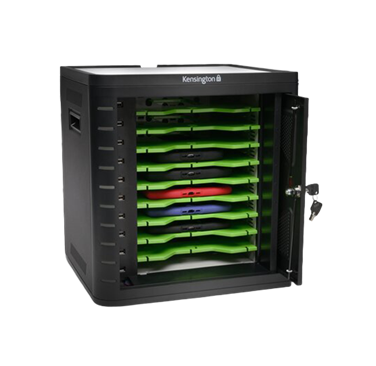 Open Kensington charging cabinet with shelves holding tablets or laptops, green dividers, a red and blue device, and a lock with keys hanging.