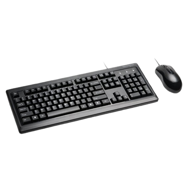 Black wired keyboard with QWERTY layout, numeric keypad, and indicator lights, paired with a wired optical mouse with two buttons and a scroll wheel.