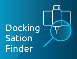 A blue icon featuring a dock illustration with a magnifying glass, with the text Docking Station Finder.