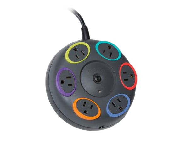 Round power strip with six color-coded outlets (yellow, green, red, blue, orange, purple) and a black cord extending from the top.