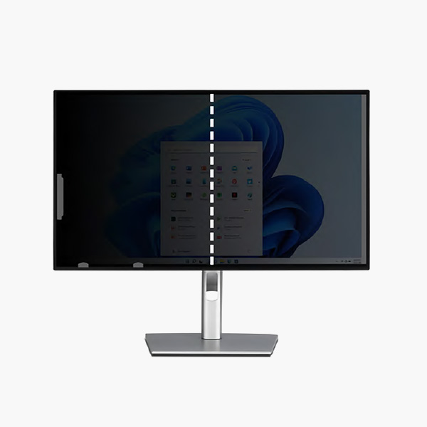 Desktop using Kensington privacy screen that utilises frameless tab holders to attach to monitor frame allowing for easy insertion and removal. 