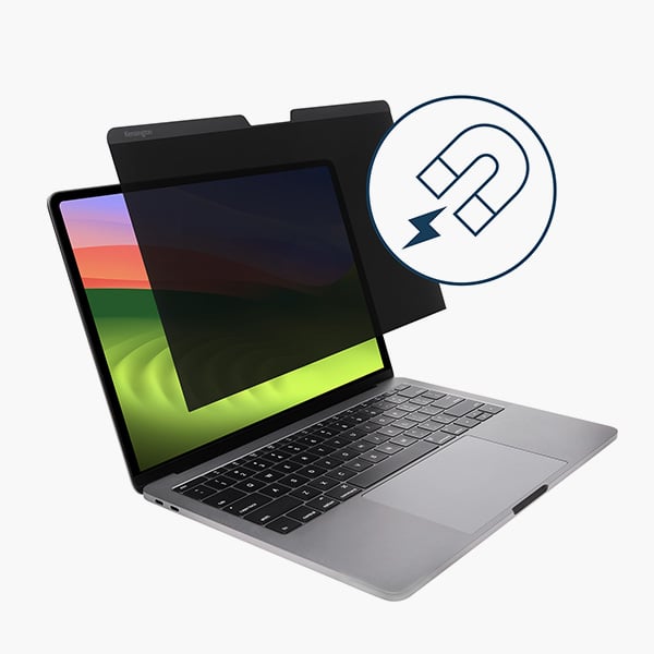 Kensington privacy screen seamlessly attaching to laptop frame with magnets. 