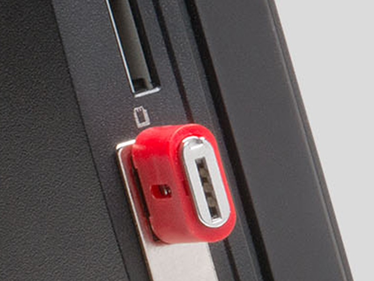 Closeup of a Kensington USB port lock