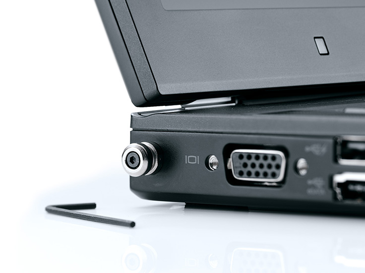 Closeup of a Kensington ClickSafer Security Anchor on a laptop