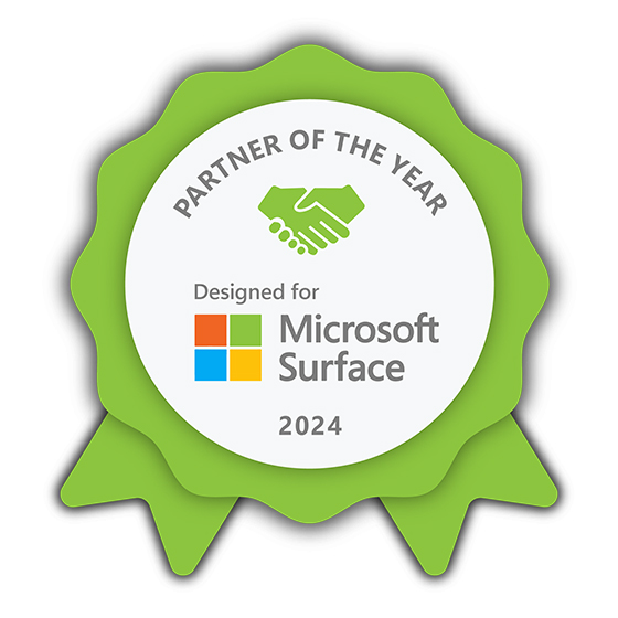 Green ribbon badge with 'PARTNER OF THE YEAR' text, handshake icon, and 'Designed for Microsoft Surface 2024' below