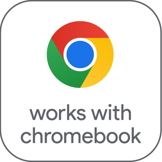 Google Chrome logo above the text 'Works with Chromebook', indicating compatibility with Chromebook devices.