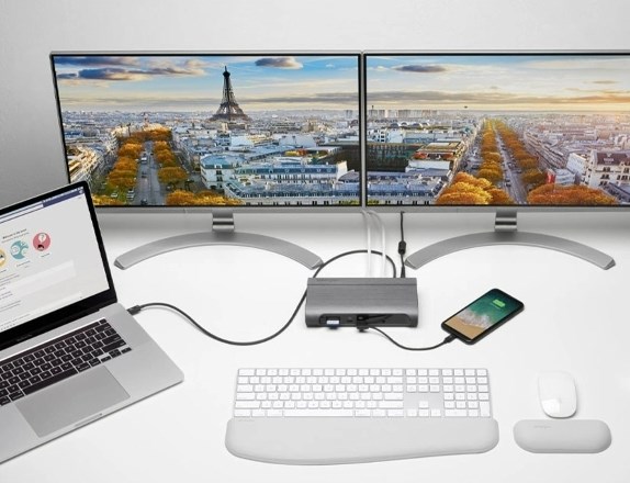 SD5600T docking station on desk with other technology.
