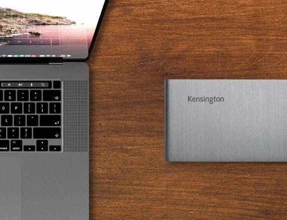 Macbook Pro on Desk with Kensington Docking Station.