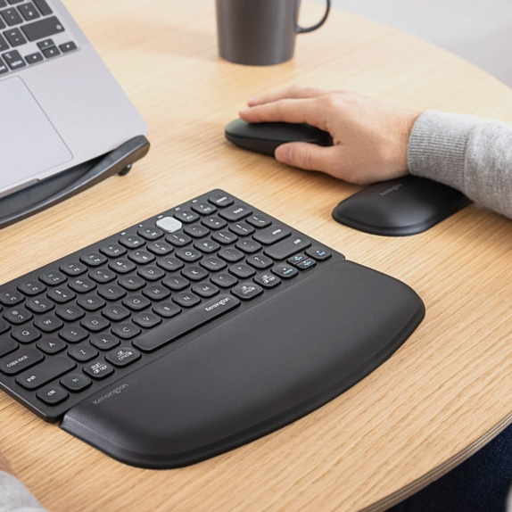 Closeup of Kensington wrist rest and keyboard